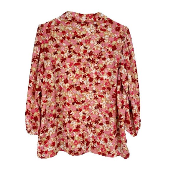 NANETTE LEPORE Boho Pink Burgundy Office Floral Edwardian Puff Button down Top L - Picture 6 of 12